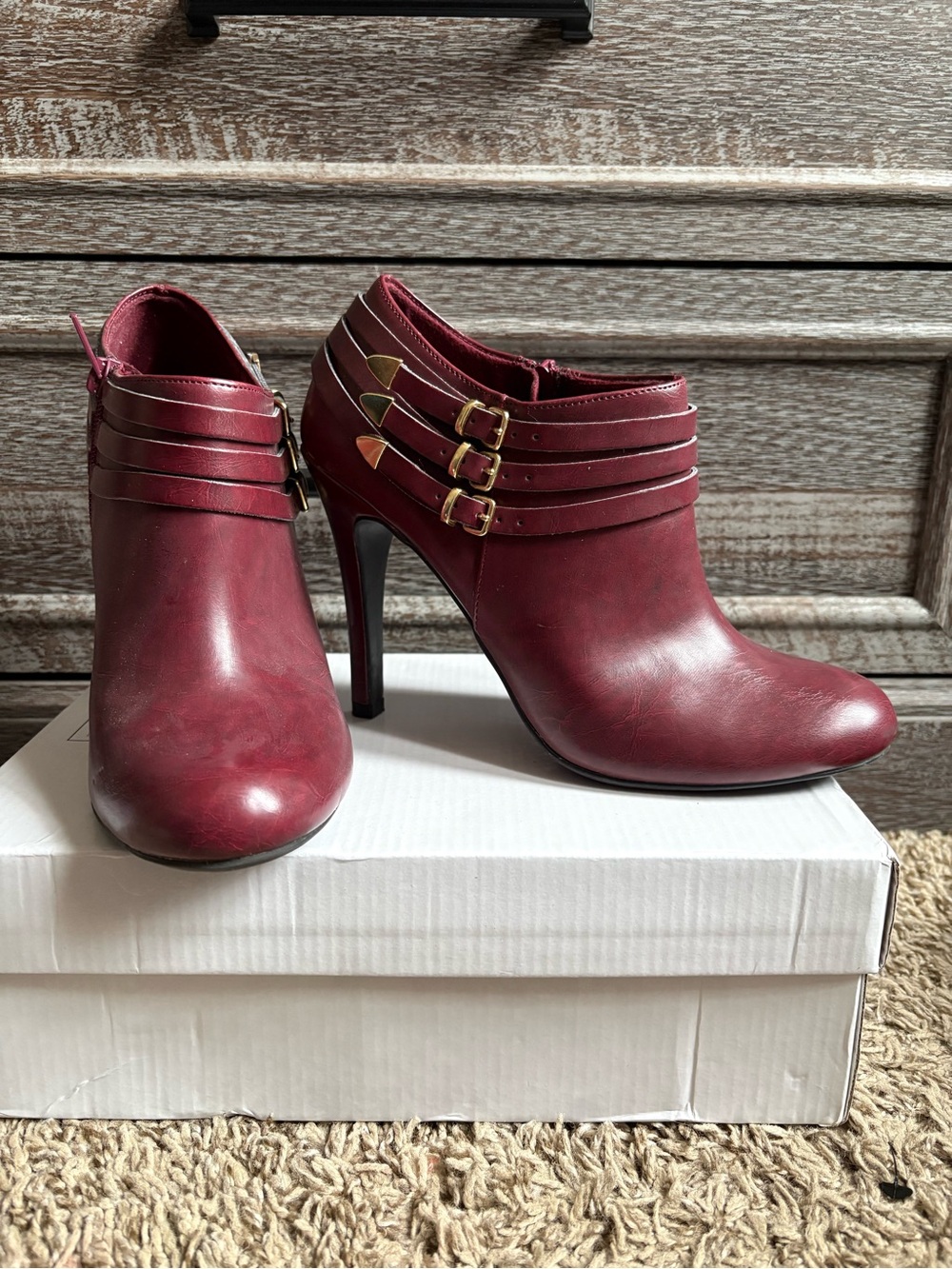 Women's Burgundy High-Heel Ankle Booties with Buckle Straps